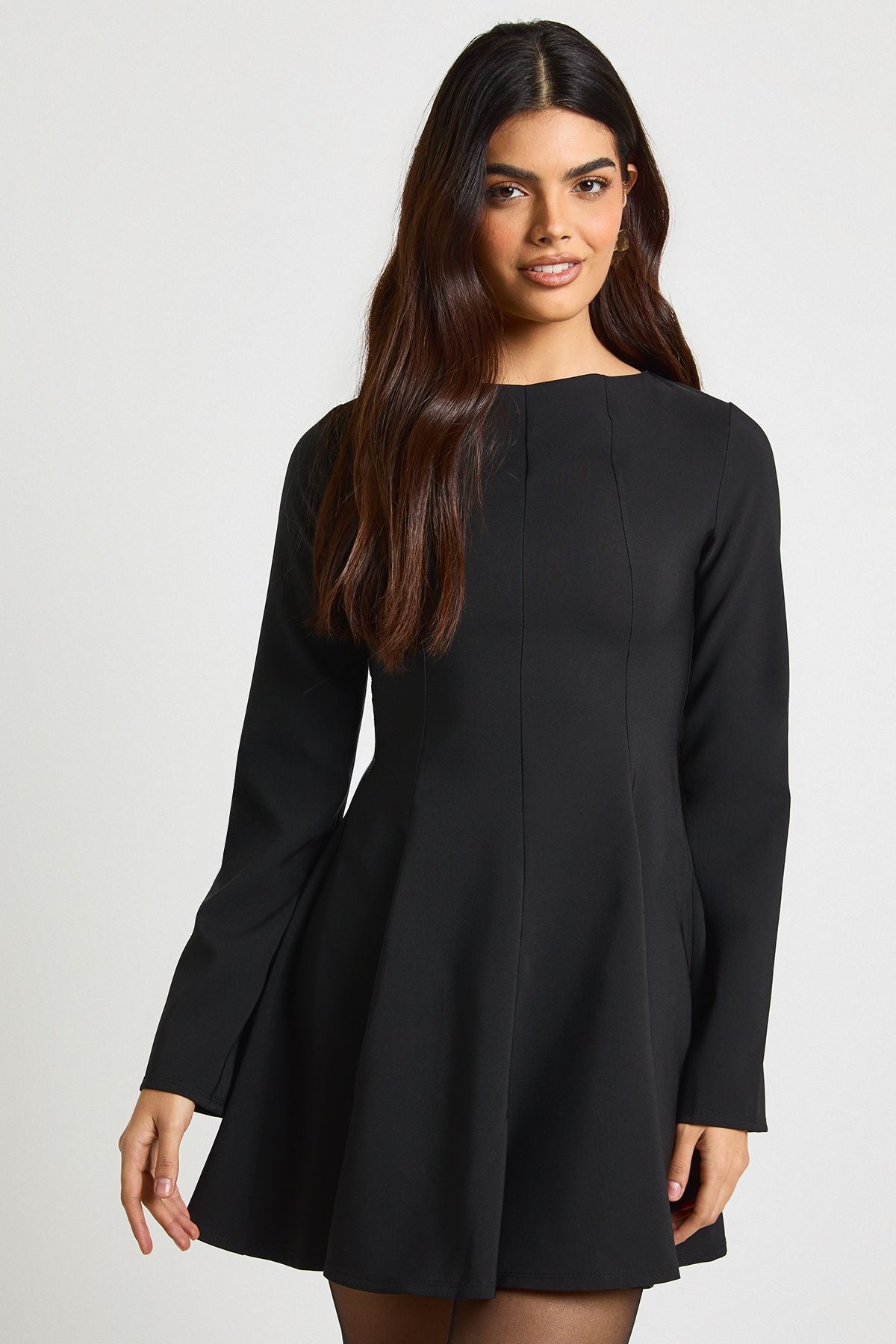 Seam Detail Long Sleeve Flared Hem Mini Dress