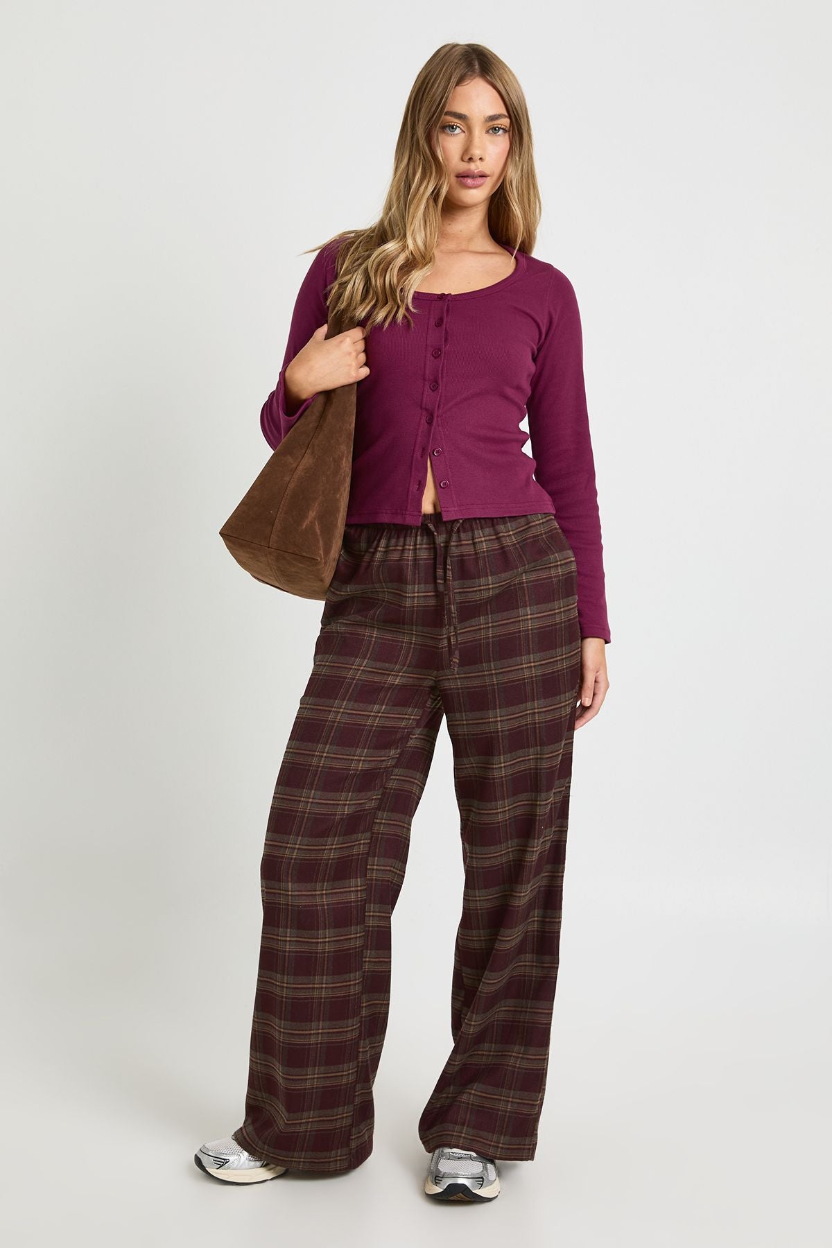 Ribbed Button Through Scoop Neck Long Sleeve Top
