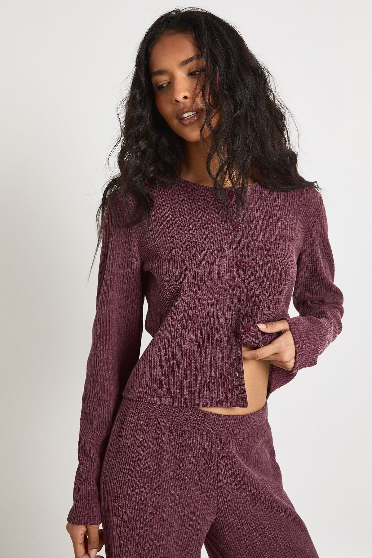 Textured Button Through Long Sleeve Top