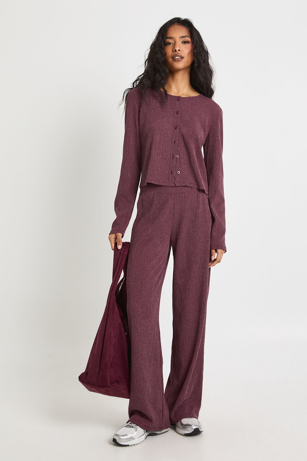 Textured Button Through Long Sleeve Top