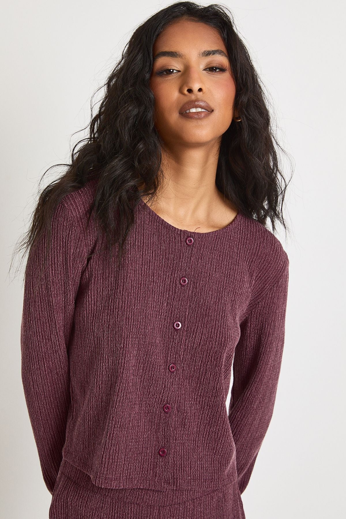 Textured Button Through Long Sleeve Top