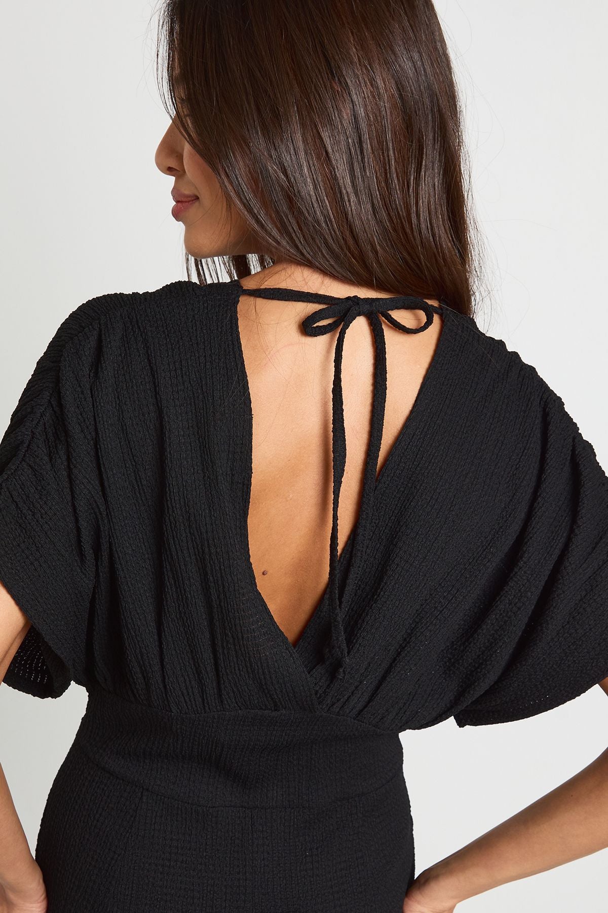 Textured Plunge Batwing Wide Leg Jumpsuit