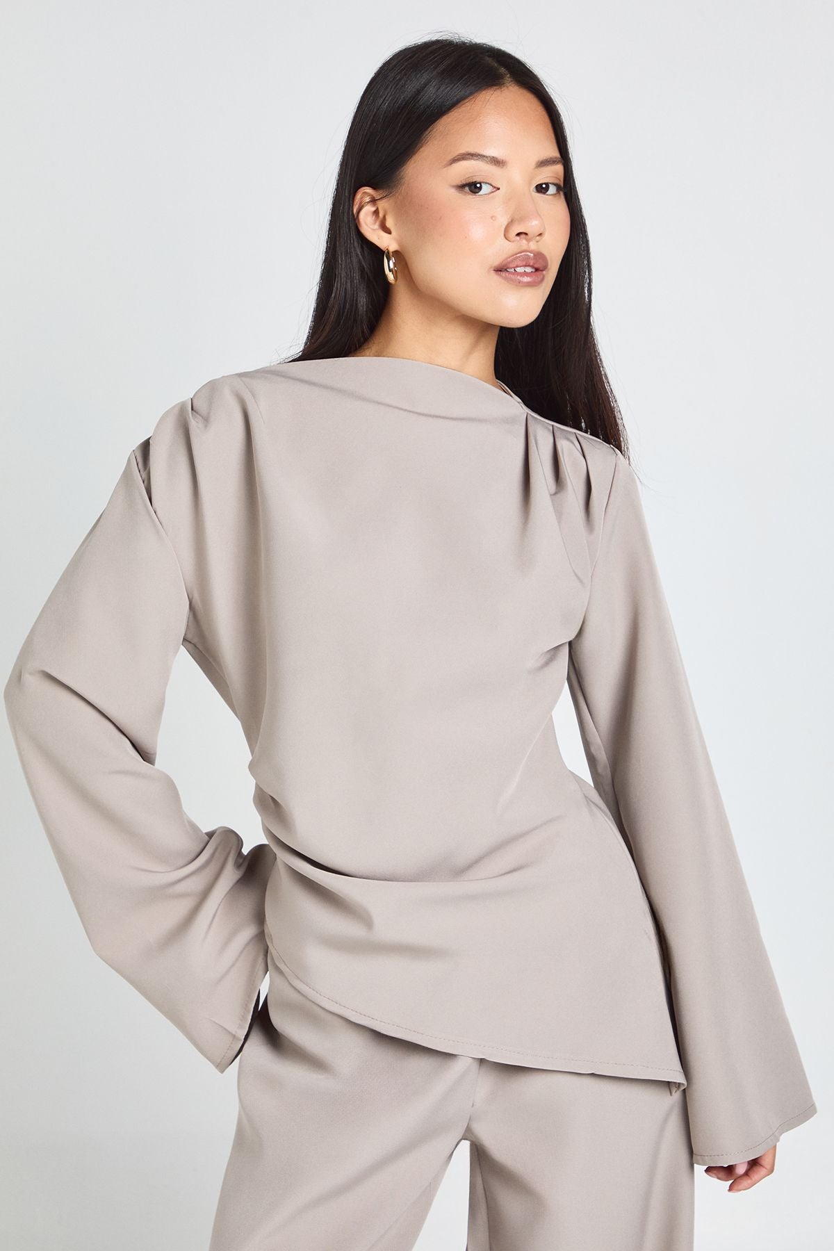 Petite Draped Asymmetric Top & Wide Leg Trouser Co-ord