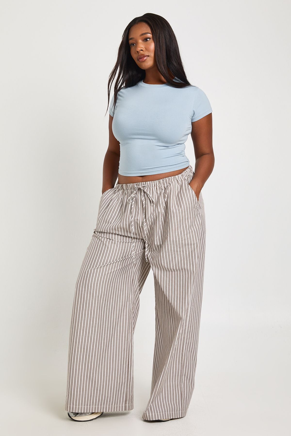 Plus Woven Stripe Elasticated Waist Wide Leg Trouser