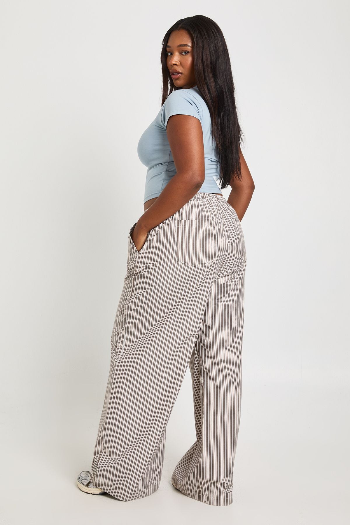 Plus Woven Stripe Elasticated Waist Wide Leg Trouser