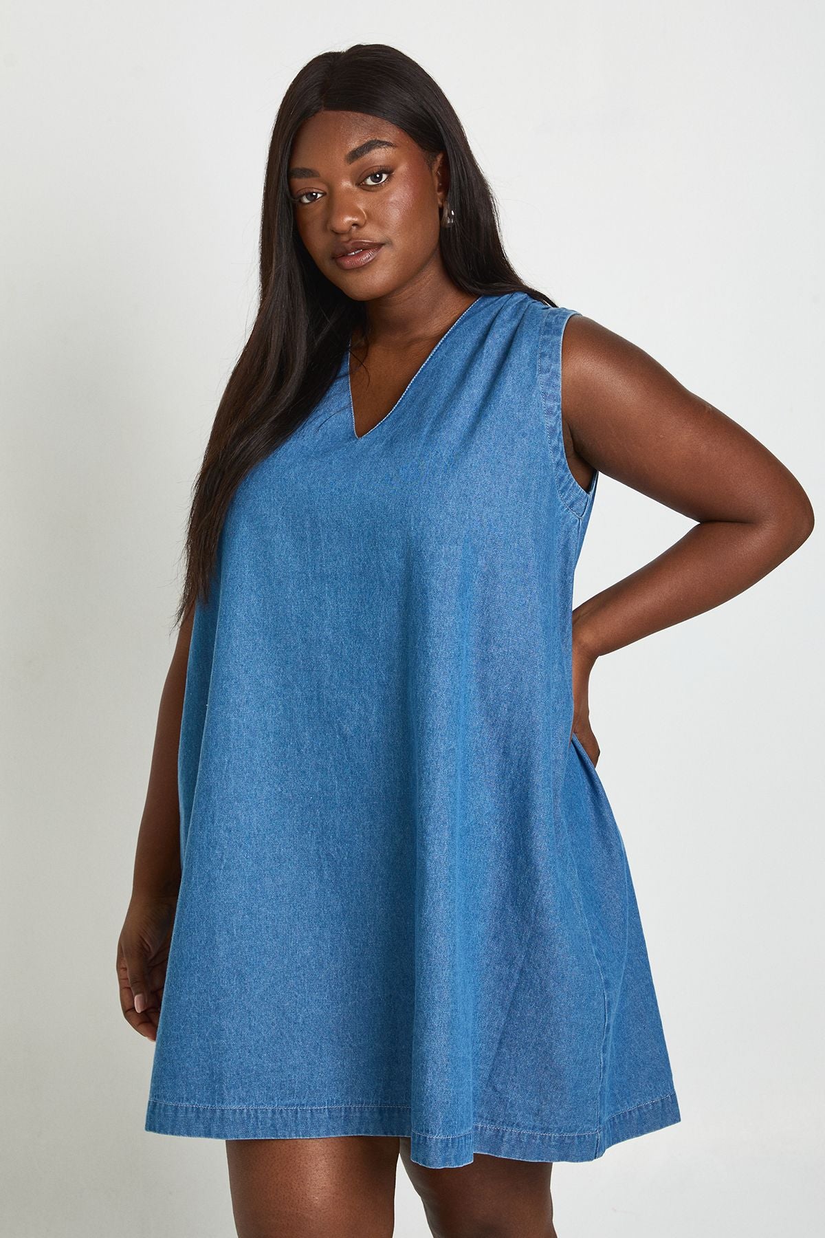Plus Chambray V Neck Mini Dress
