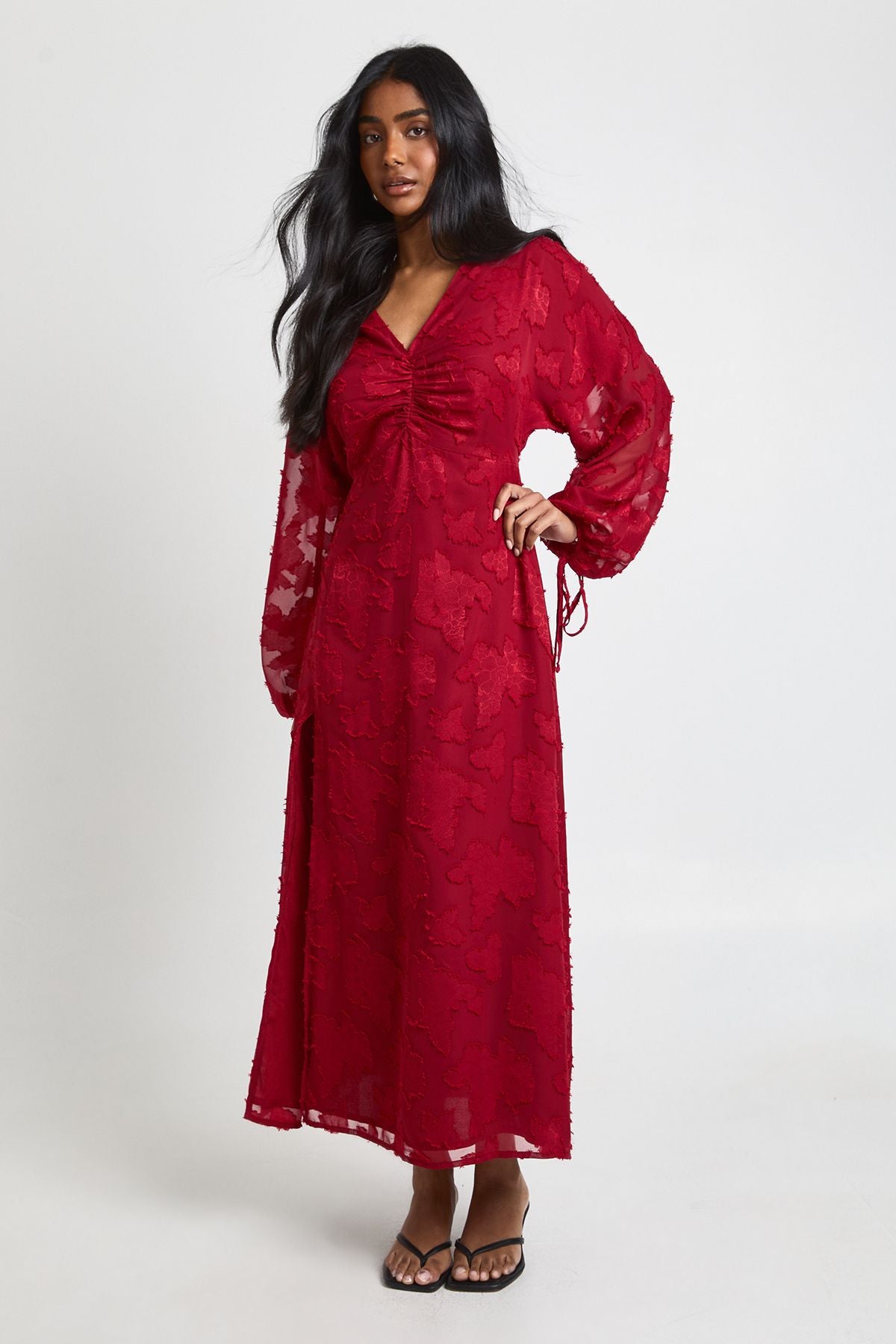 Floral Burnout Volume Sleeve Midi Dress