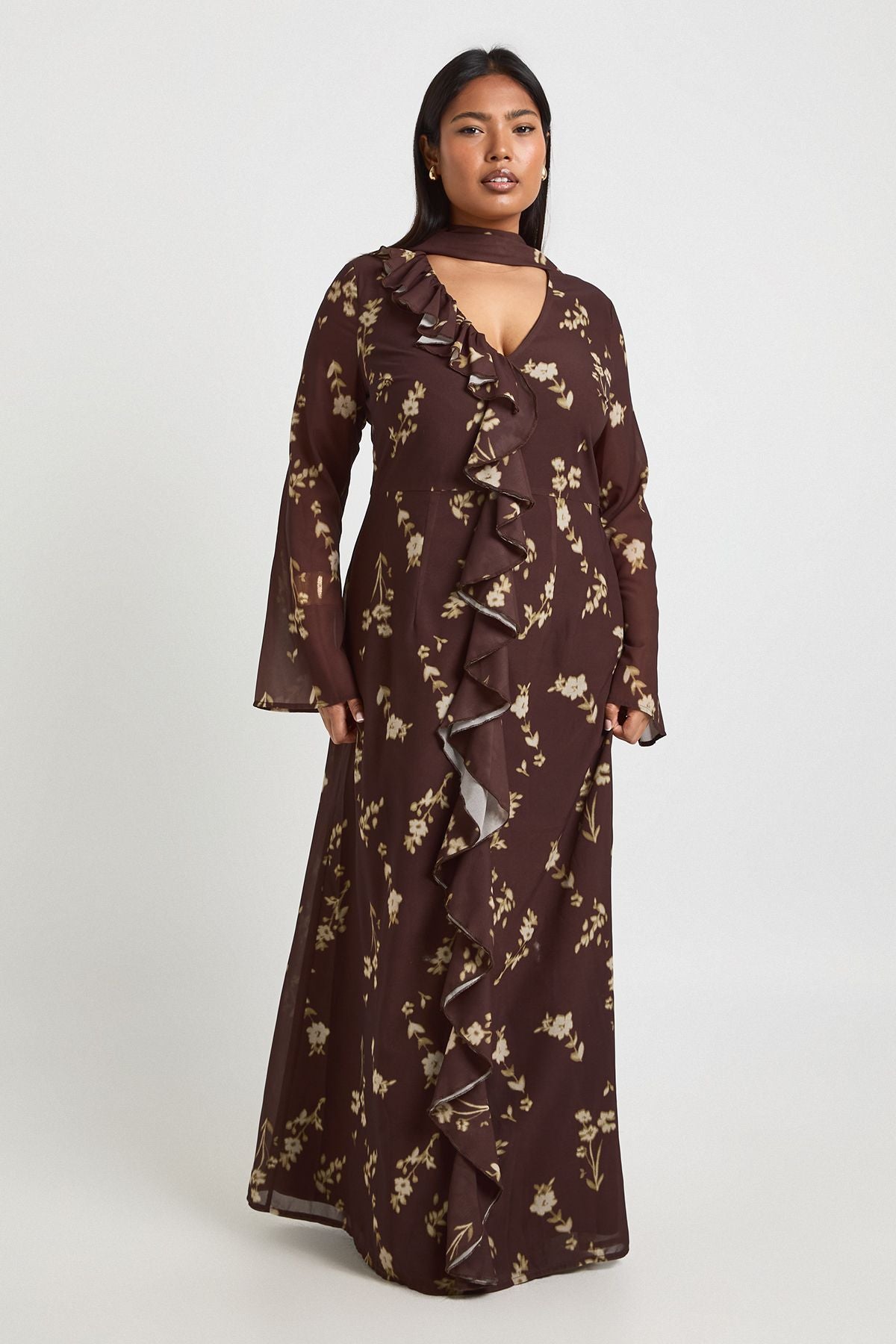 Plus Ruffle Front Seam Scarf Detail Maxi Dress