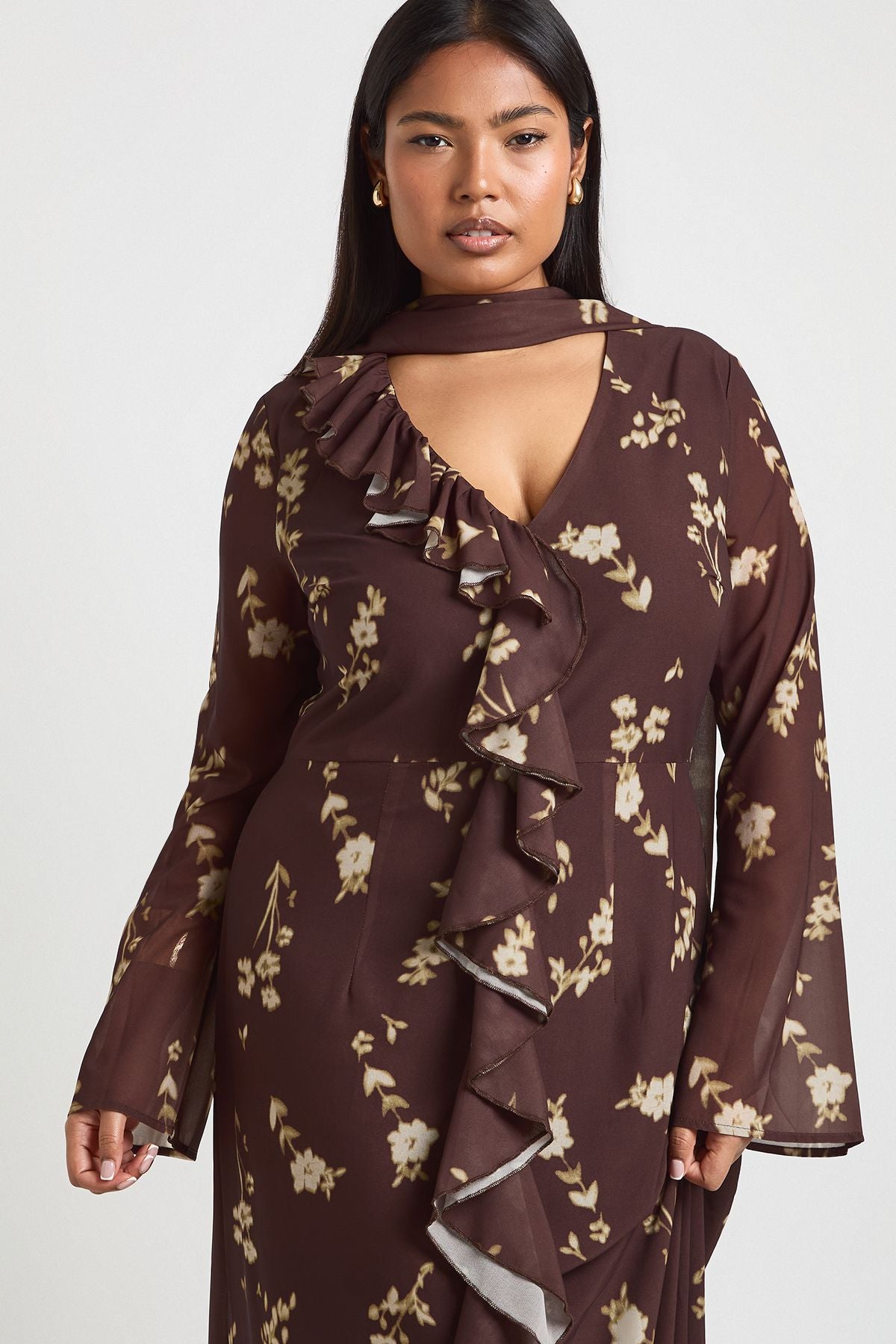 Plus Ruffle Front Seam Scarf Detail Maxi Dress