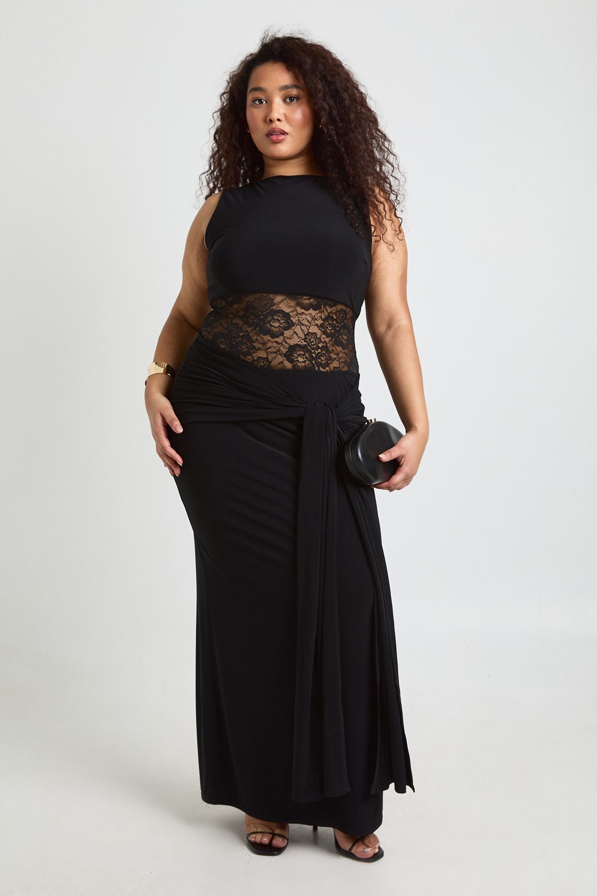 Plus Racer Neck Lace Panel Tie Drape Maxi Dress