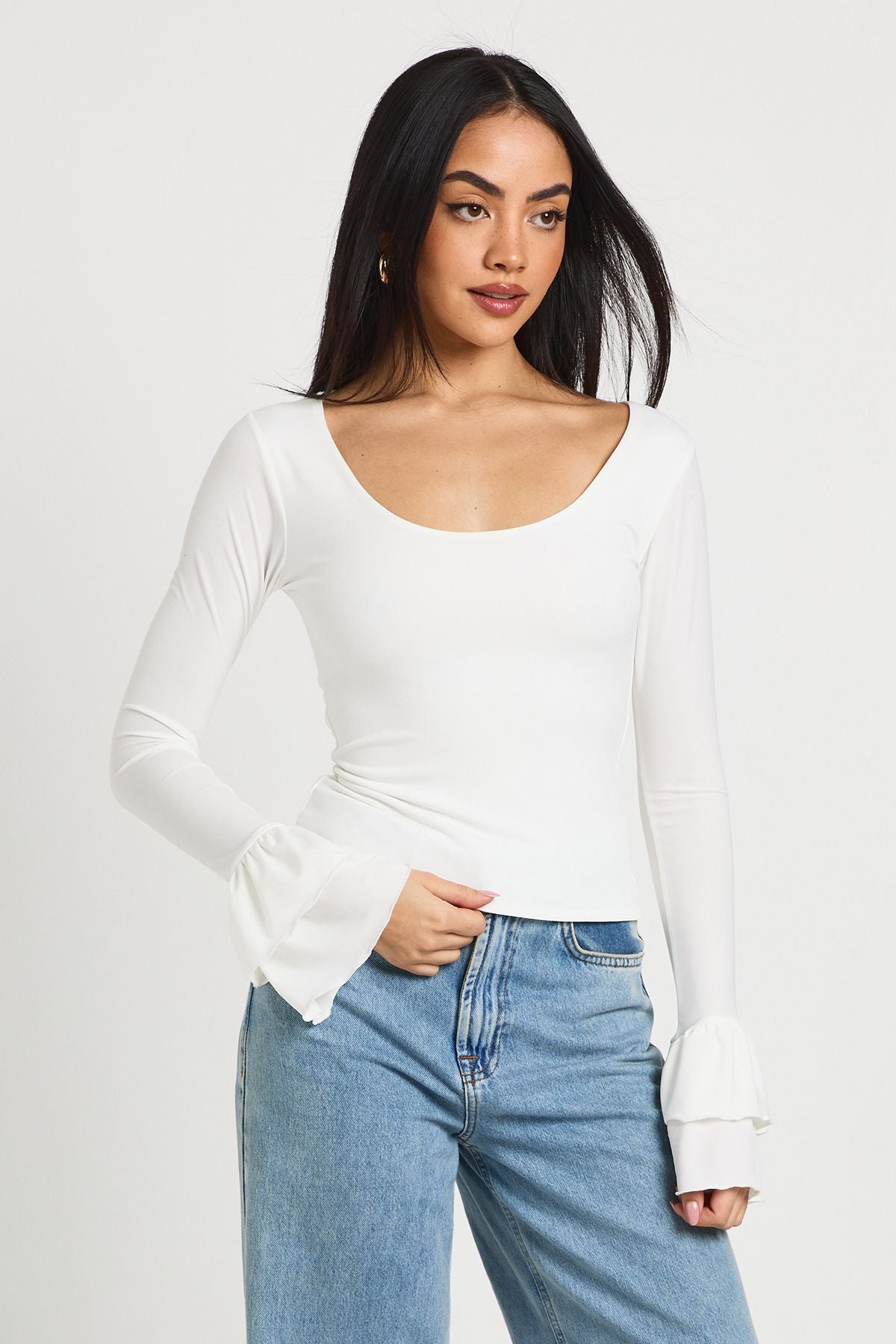 Slinky Scoop Neck Long Bell Sleeve Top