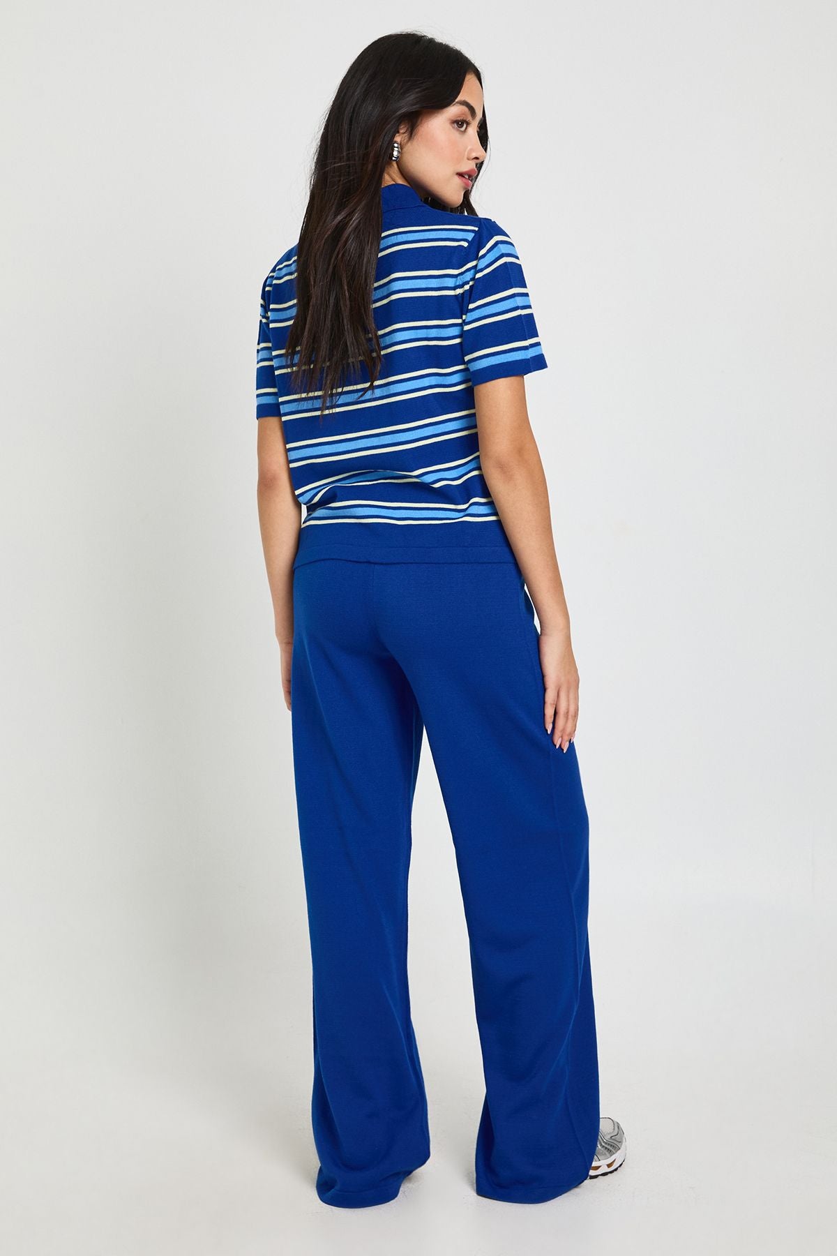 Placket Collar Short Sleeve Stripe Knitted Top And Trouser