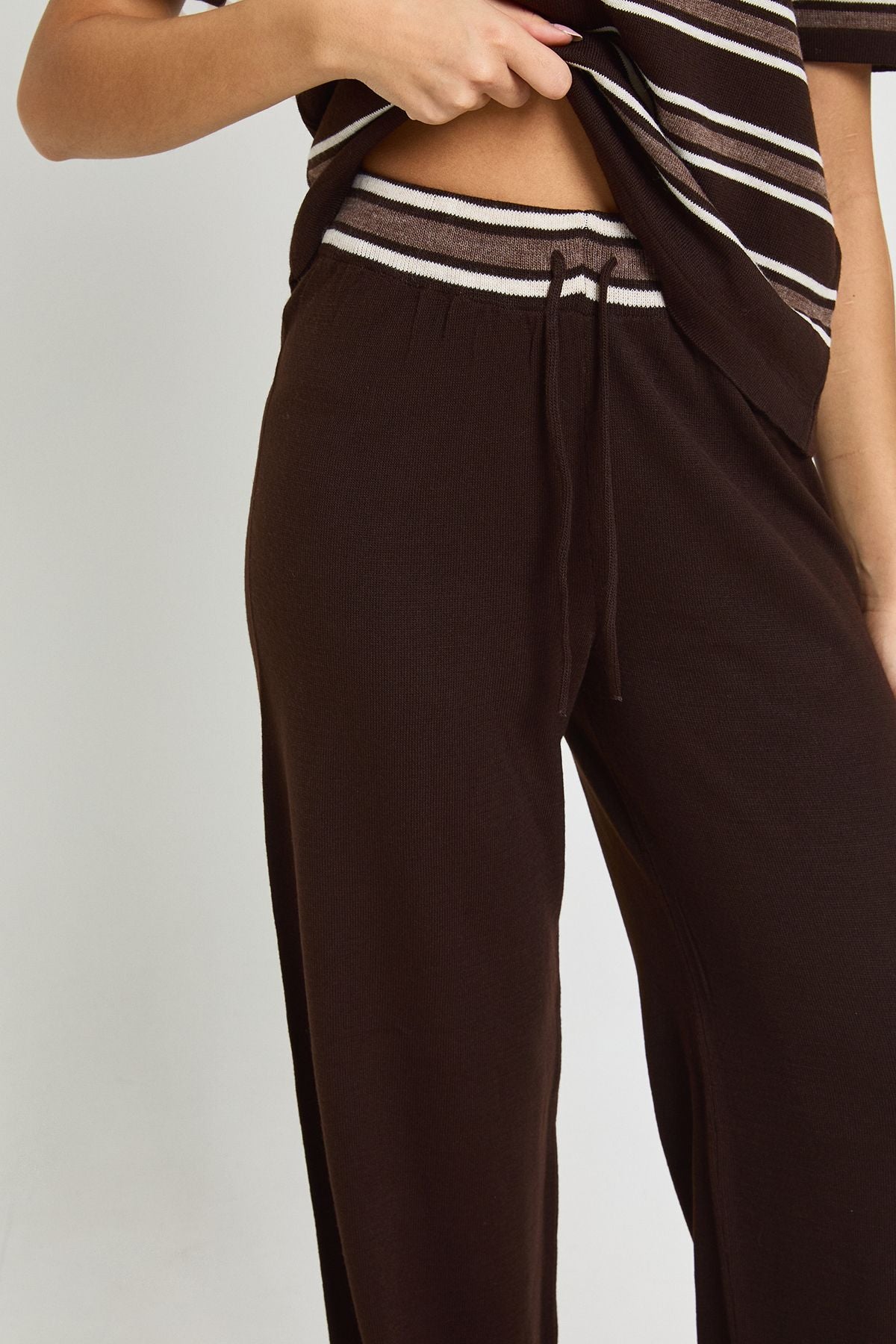 Placket Collar Short Sleeve Stripe Knitted Top And Trouser