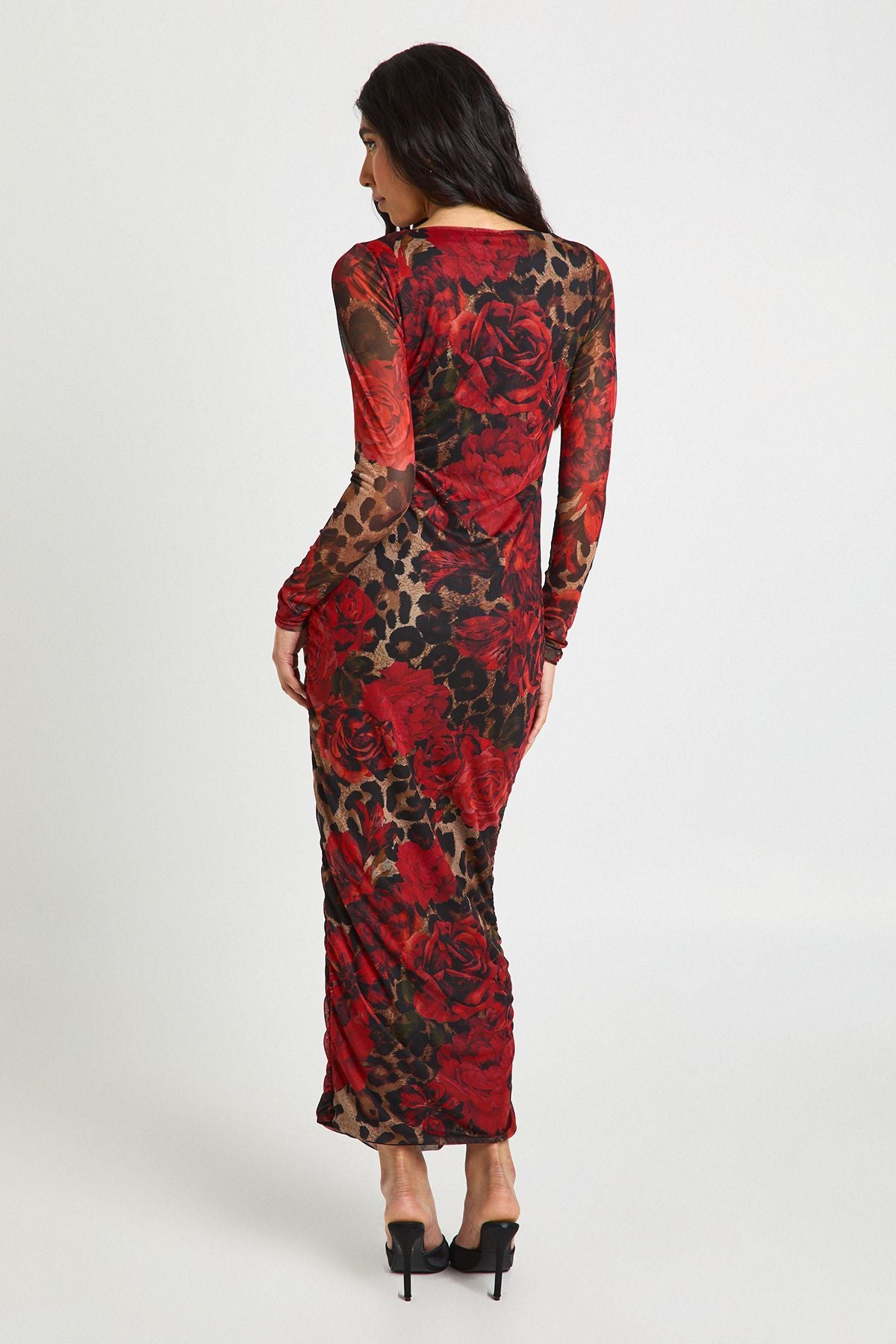 Tall Leopard Floral Mesh Square Neck Ruched Midi Dress