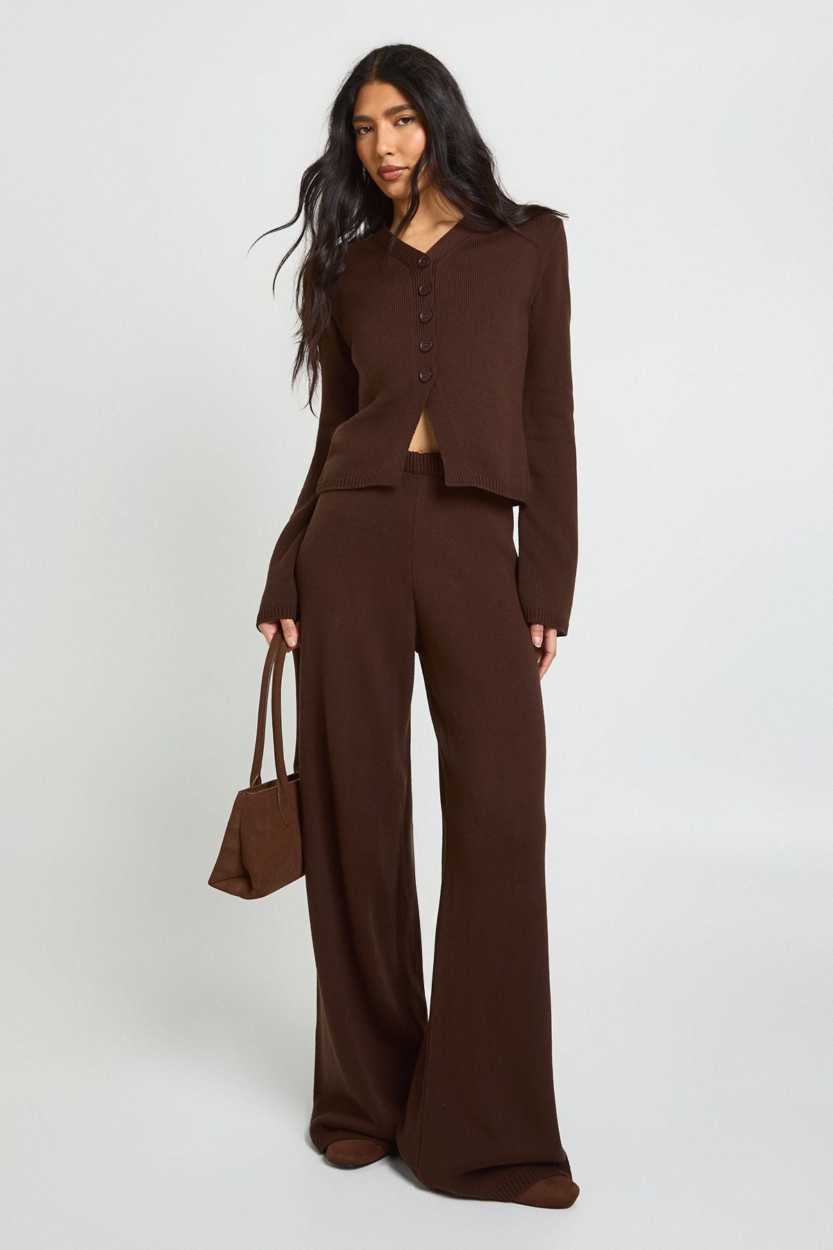 Tall Collar Detail Button Down Knitted Cardigan and Straight Leg Trouser Co-Ord