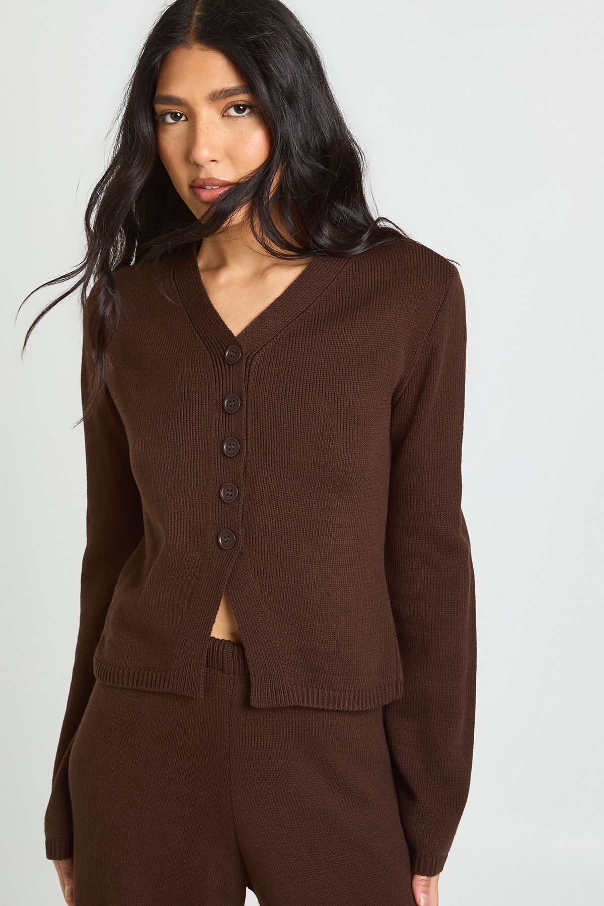 Tall Collar Detail Button Down Knitted Cardigan and Straight Leg Trouser Co-Ord