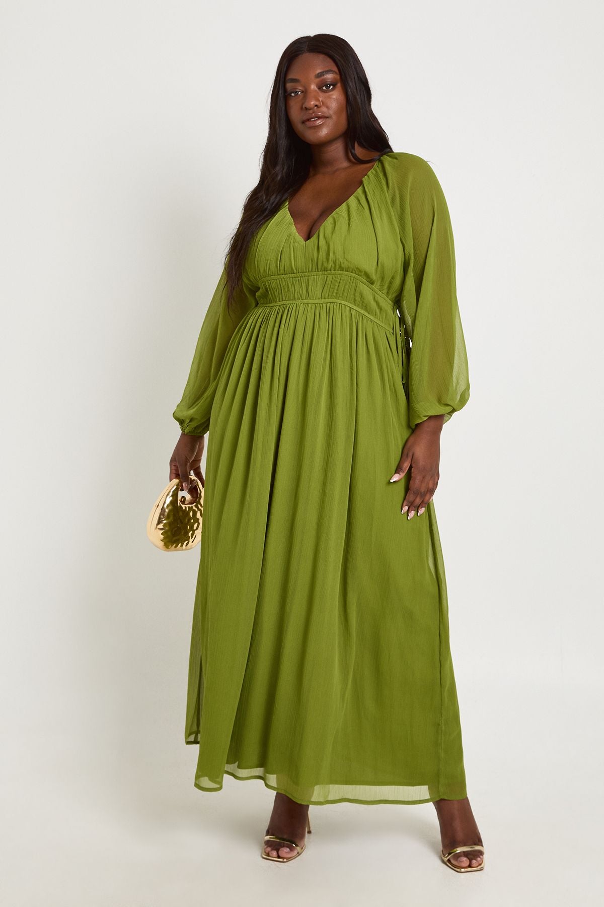 Plus Chiffon Ruched Blouson Sleeve Maxi Dress
