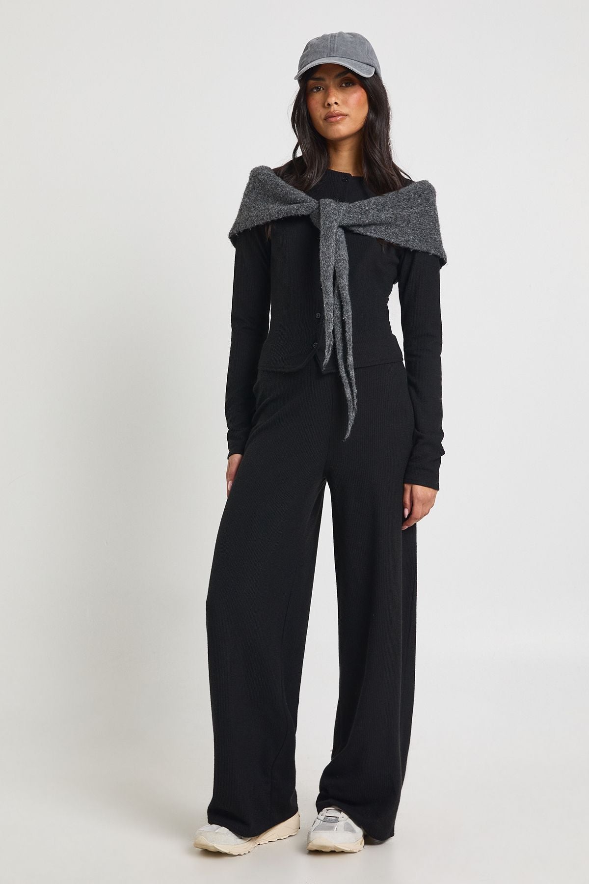 Petite Rib Button Through Long Sleeve Top and Wide Leg Trouser Co-ord
