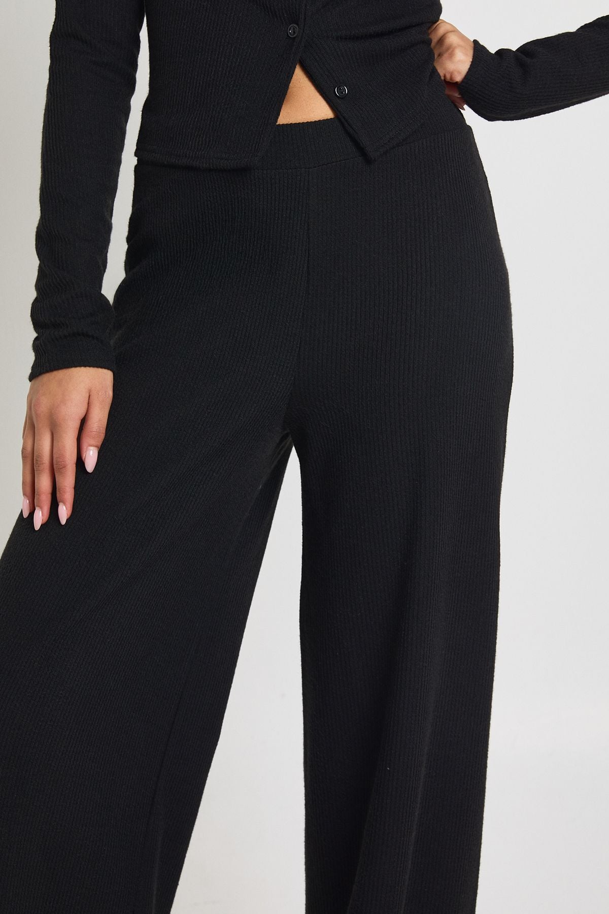 Petite Rib Button Through Long Sleeve Top and Wide Leg Trouser Co-ord