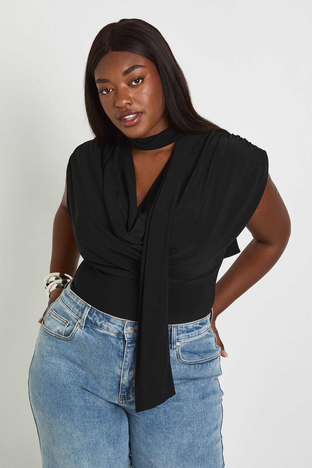 Plus Double Layer Slinky Scarf Detail Ruched Shoulder Bodysuit