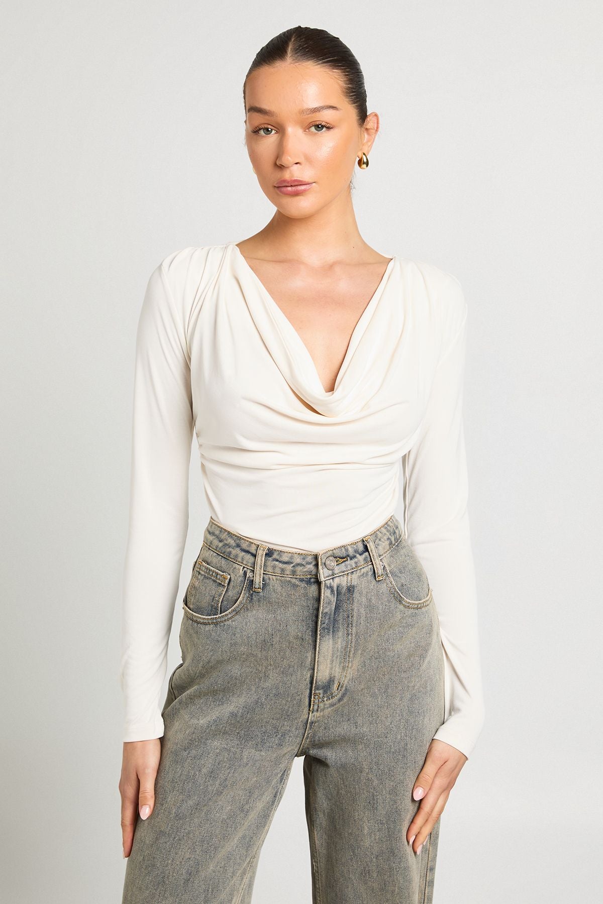 Cupro Cowl Neck Long Sleeve Crop Top