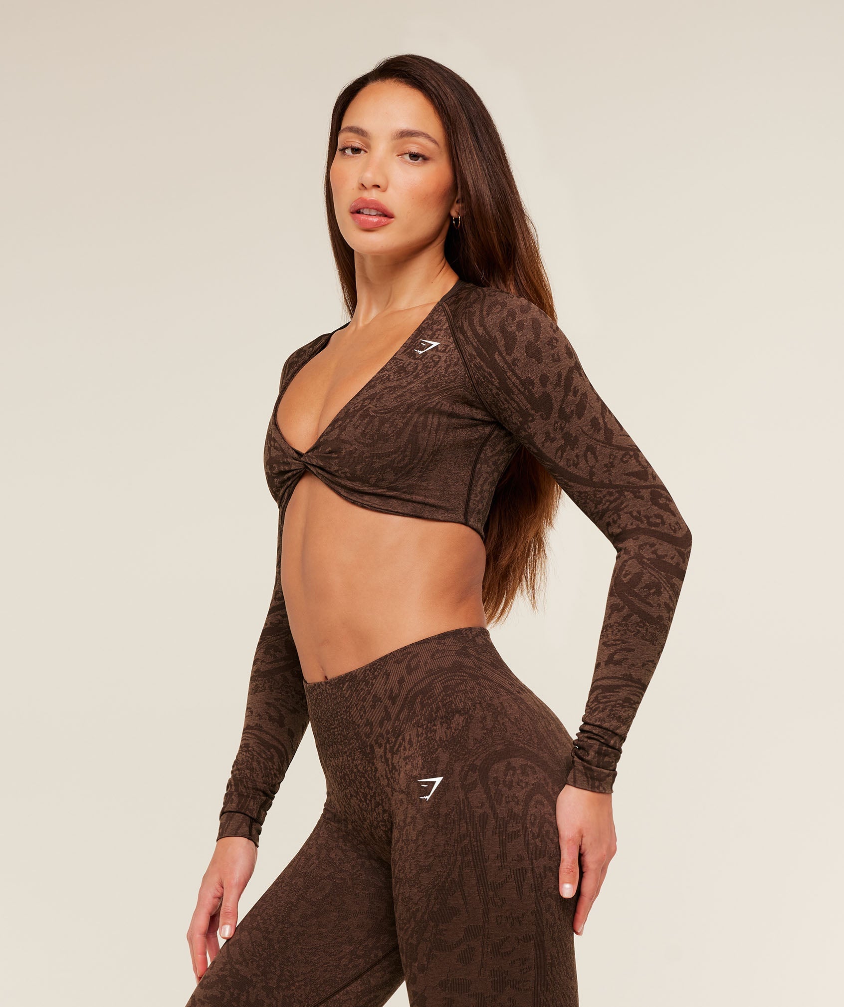Gymshark Adapt Animal X Whitney Long Sleeve Crop Top - Archive Brown / Soft Brown