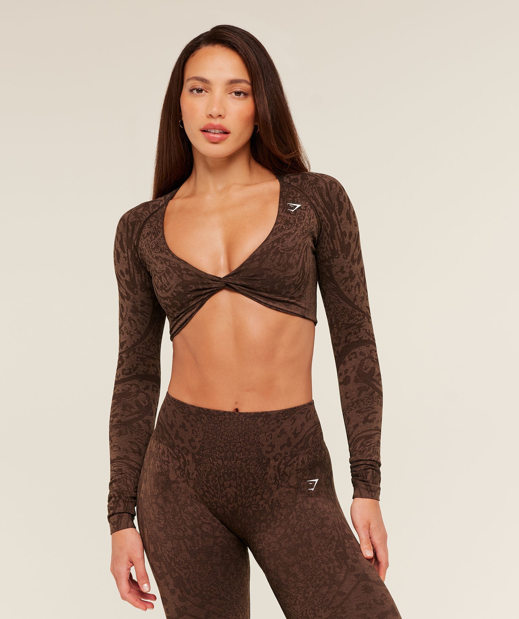 Gymshark Adapt Animal X Whitney Long Sleeve Crop Top - Archive Brown / Soft Brown