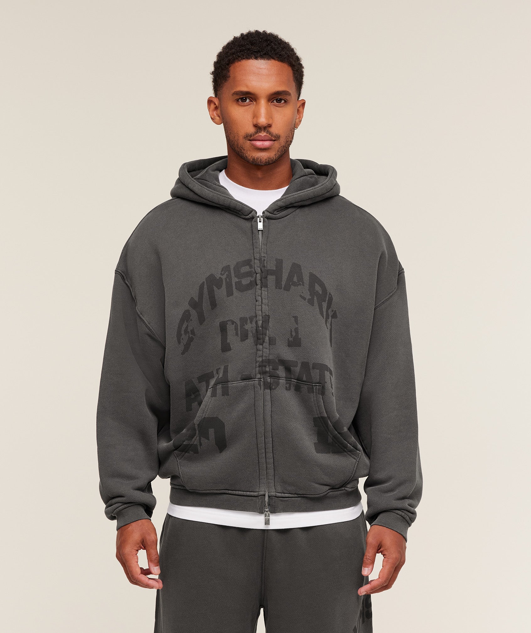 Gymshark Collegiate Washed Zip Up Hoodie - Asphalt Grey