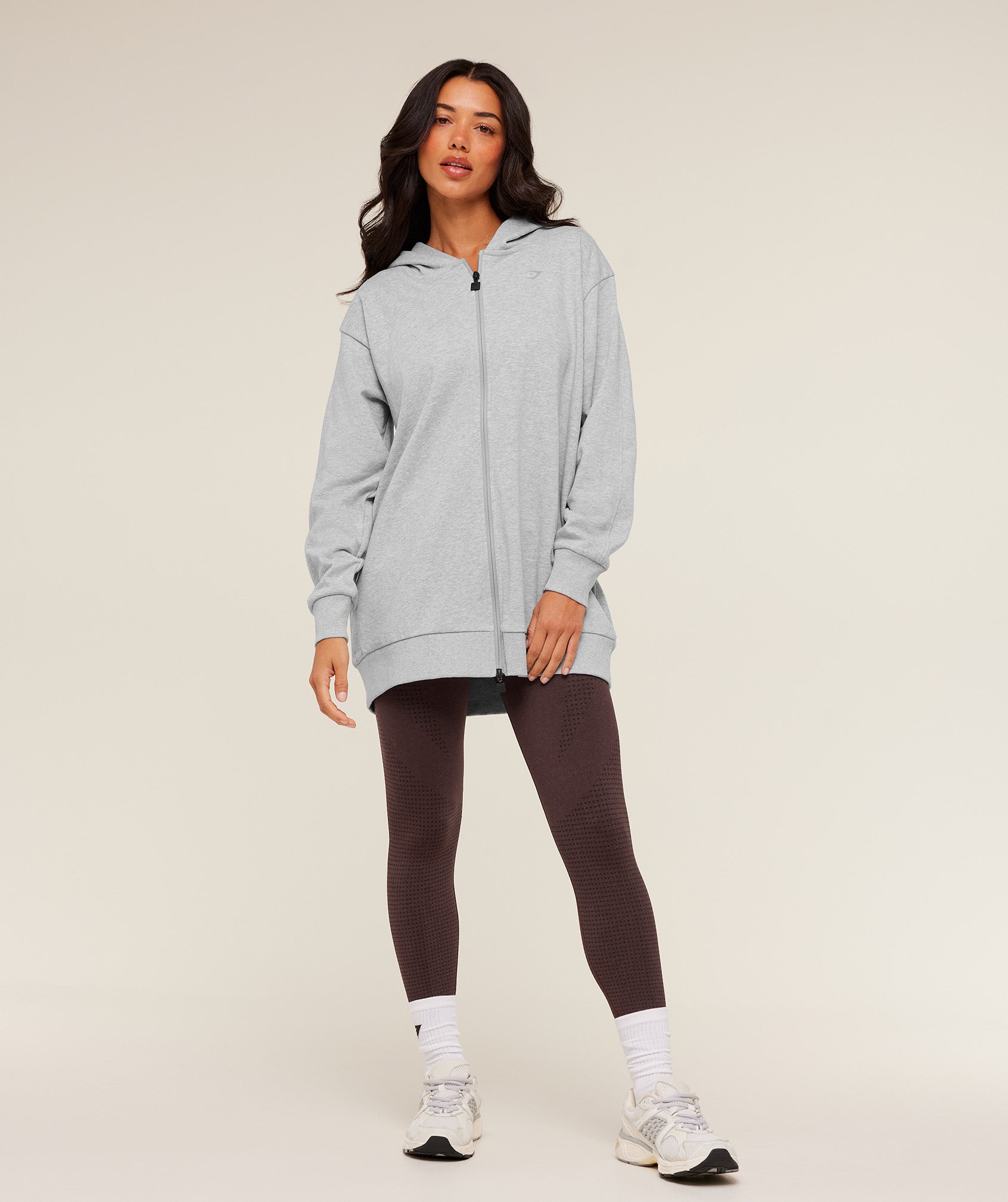 Gymshark Covered Longline Zip Up Hoodie - Light Grey Core Marl