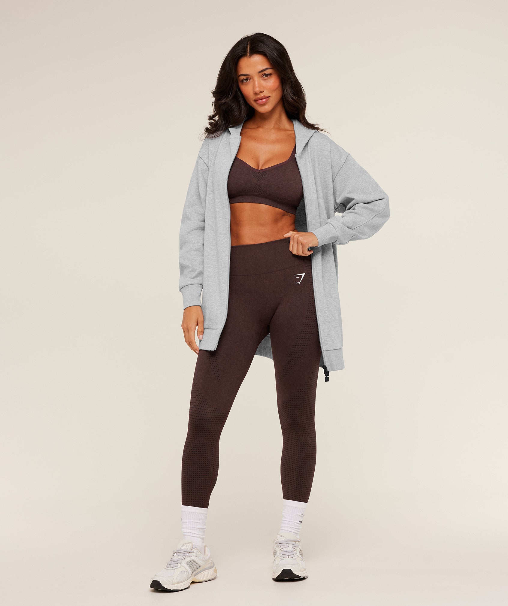 Gymshark Covered Longline Zip Up Hoodie - Light Grey Core Marl