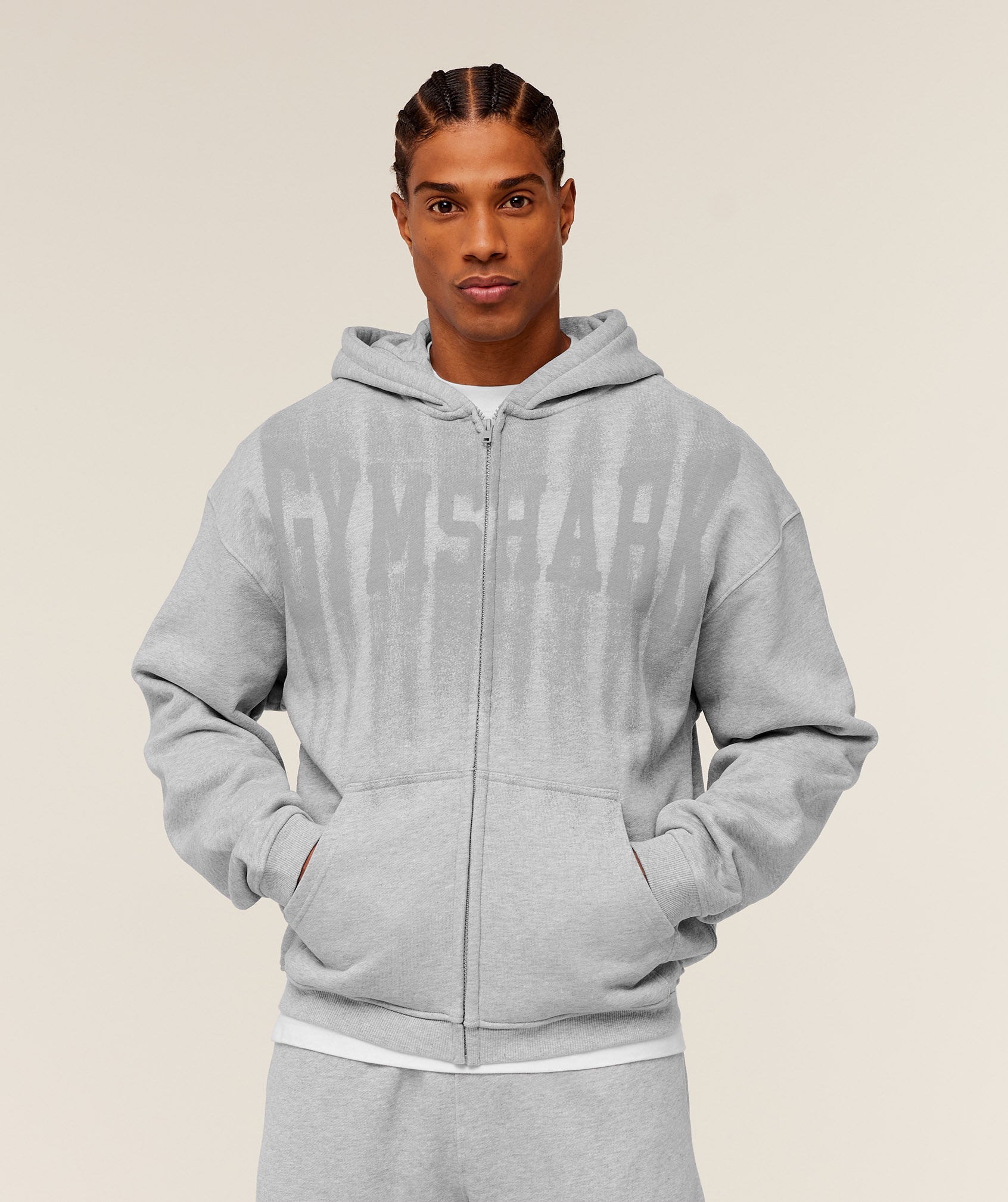 Gymshark Fade Graphic Zip Through Hoodie - Light Grey Core Marl