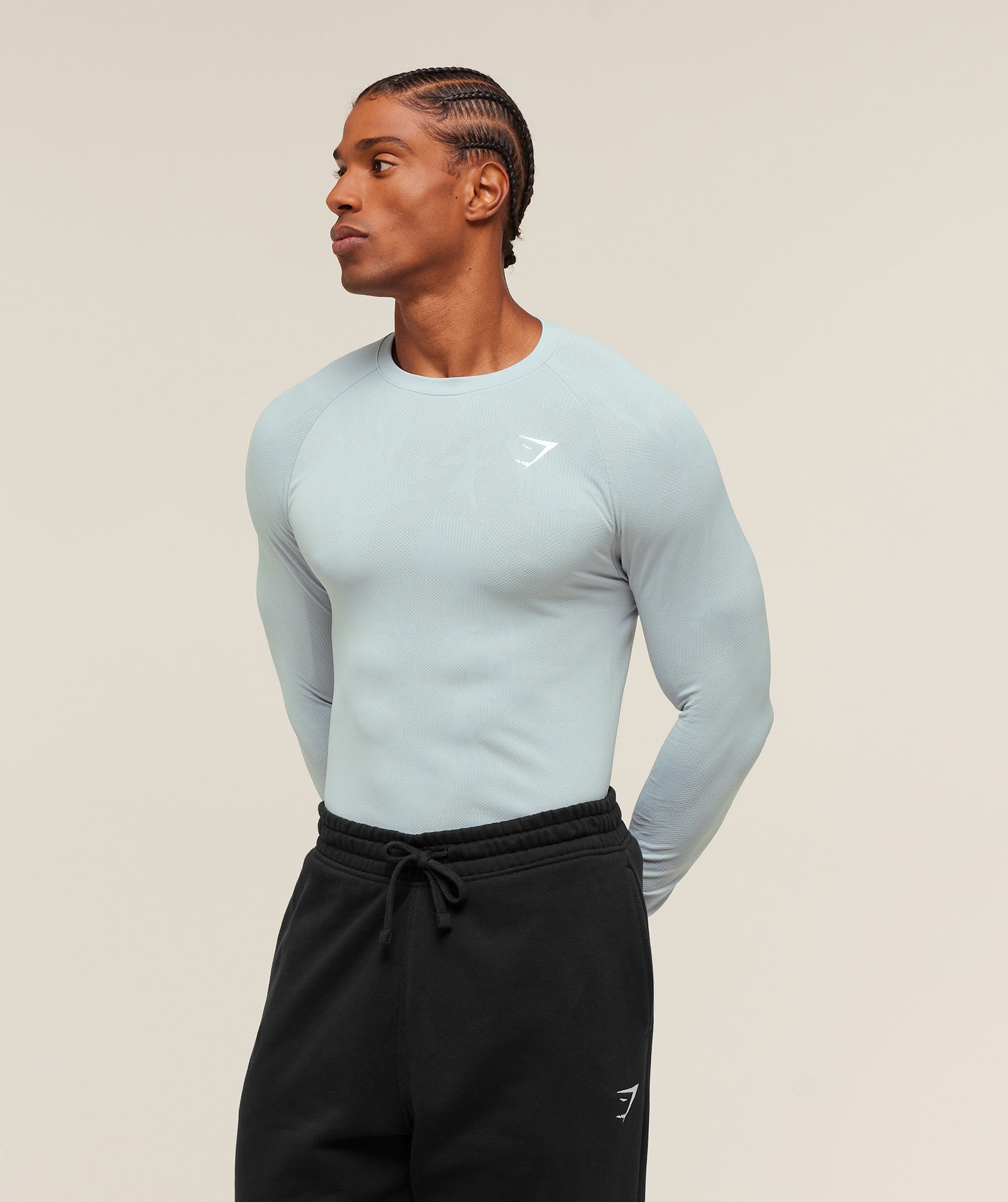 Gymshark Geo Seamless Long Sleeve T-Shirt - Smoke Blue/Soft White
