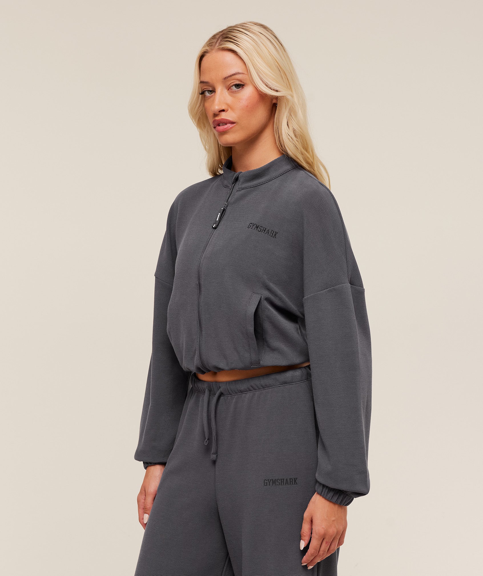 Gymshark Waffle Midi Zip Up Jacket - Onyx Grey