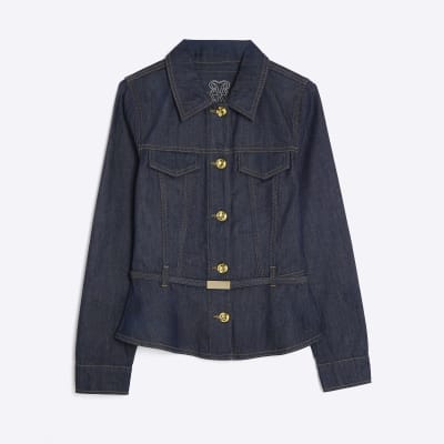 Indigo Denim Long Sleeve Belted Peplum Jacket