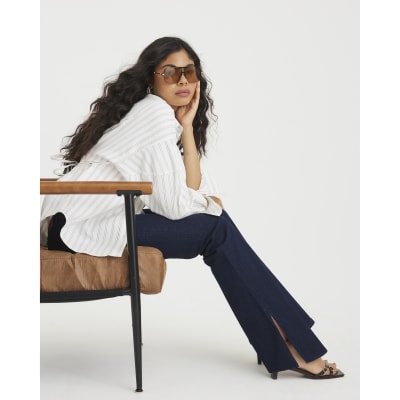Indigo High Rise Split Hem Flared Jeans