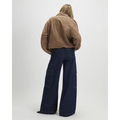 Indigo Mid Rise Cargo Wide Leg Baggy Jeans