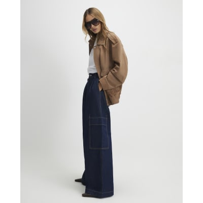Indigo Mid Rise Cargo Wide Leg Baggy Jeans