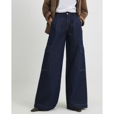 Indigo Mid Rise Cargo Wide Leg Baggy Jeans