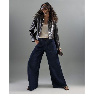 Indigo Mid Rise Tailored Baggy Wide Leg Jeans