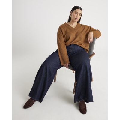 Indigo Mid Rise Tailored Baggy Wide Leg Jeans