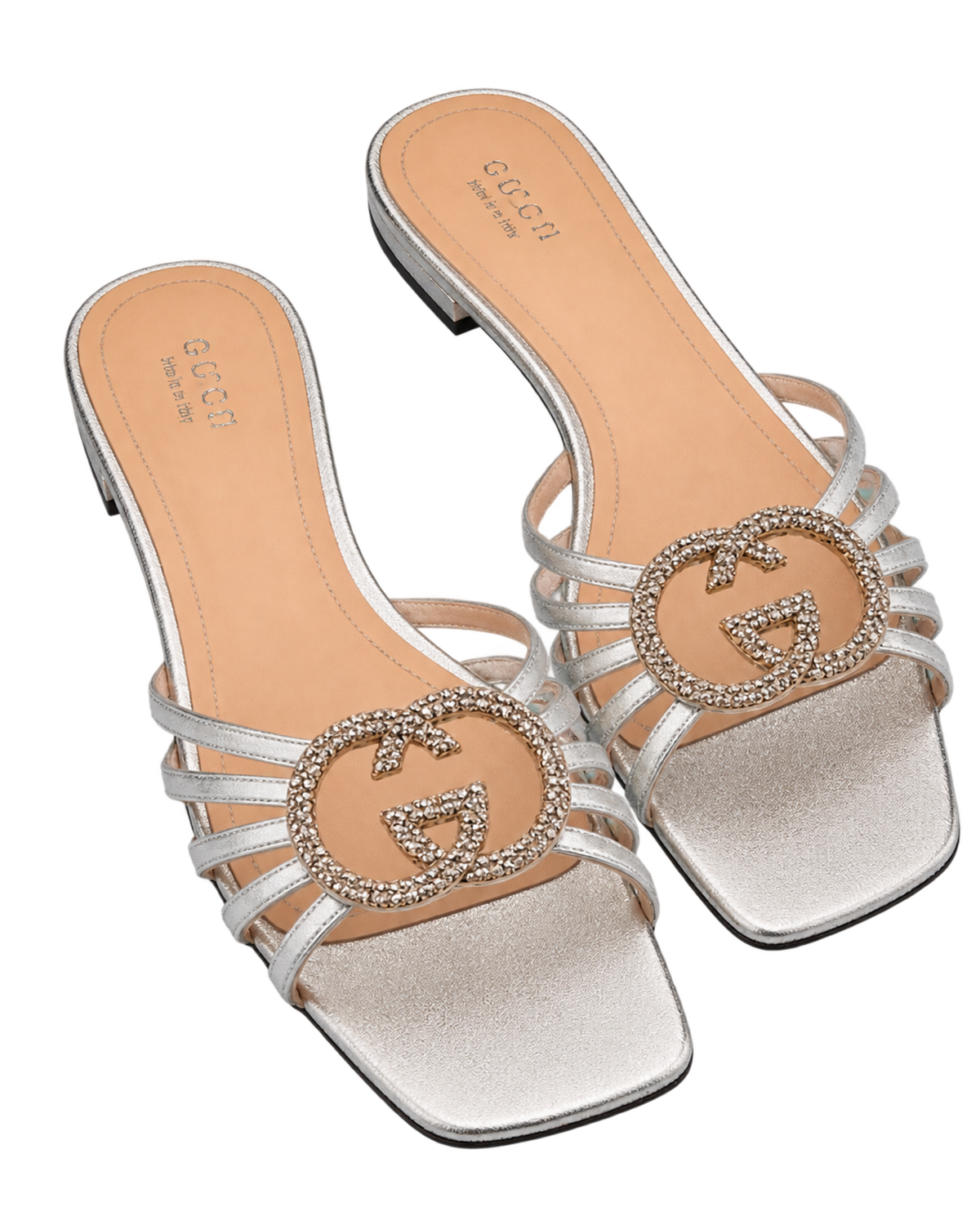 Interlocking G Crystal-embellished Flat Sandals in Metallic Leather