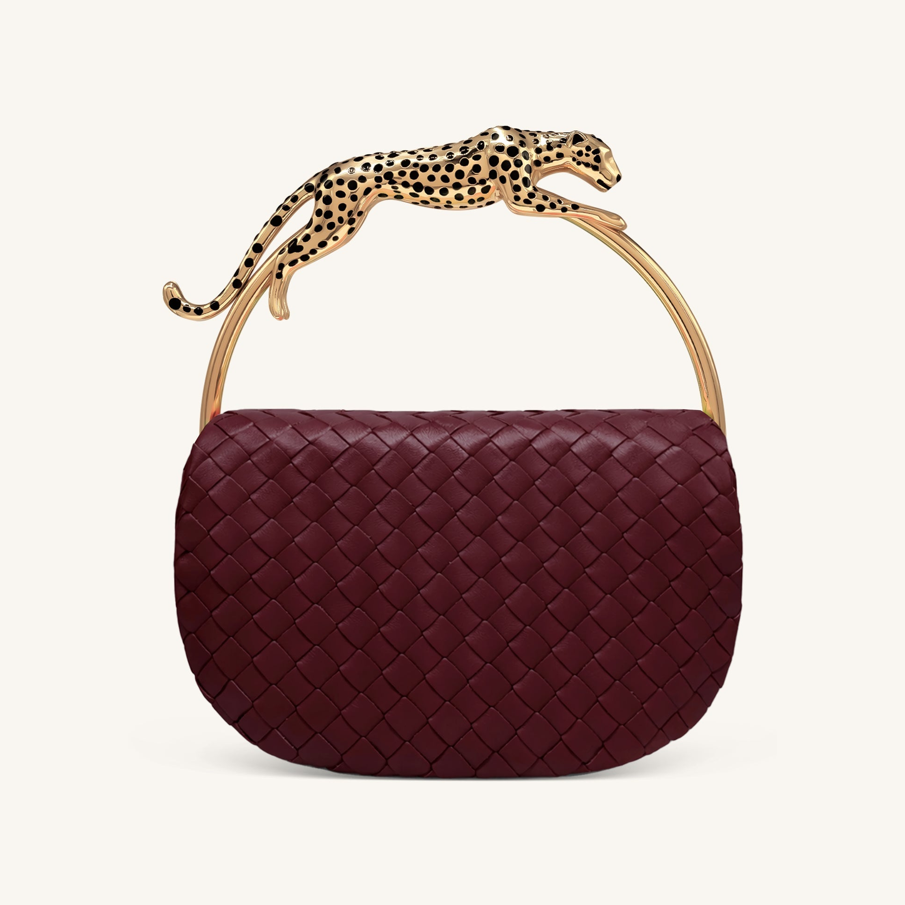 Ione Woven Leopard Shaped Top Handle Bag - Burgundy