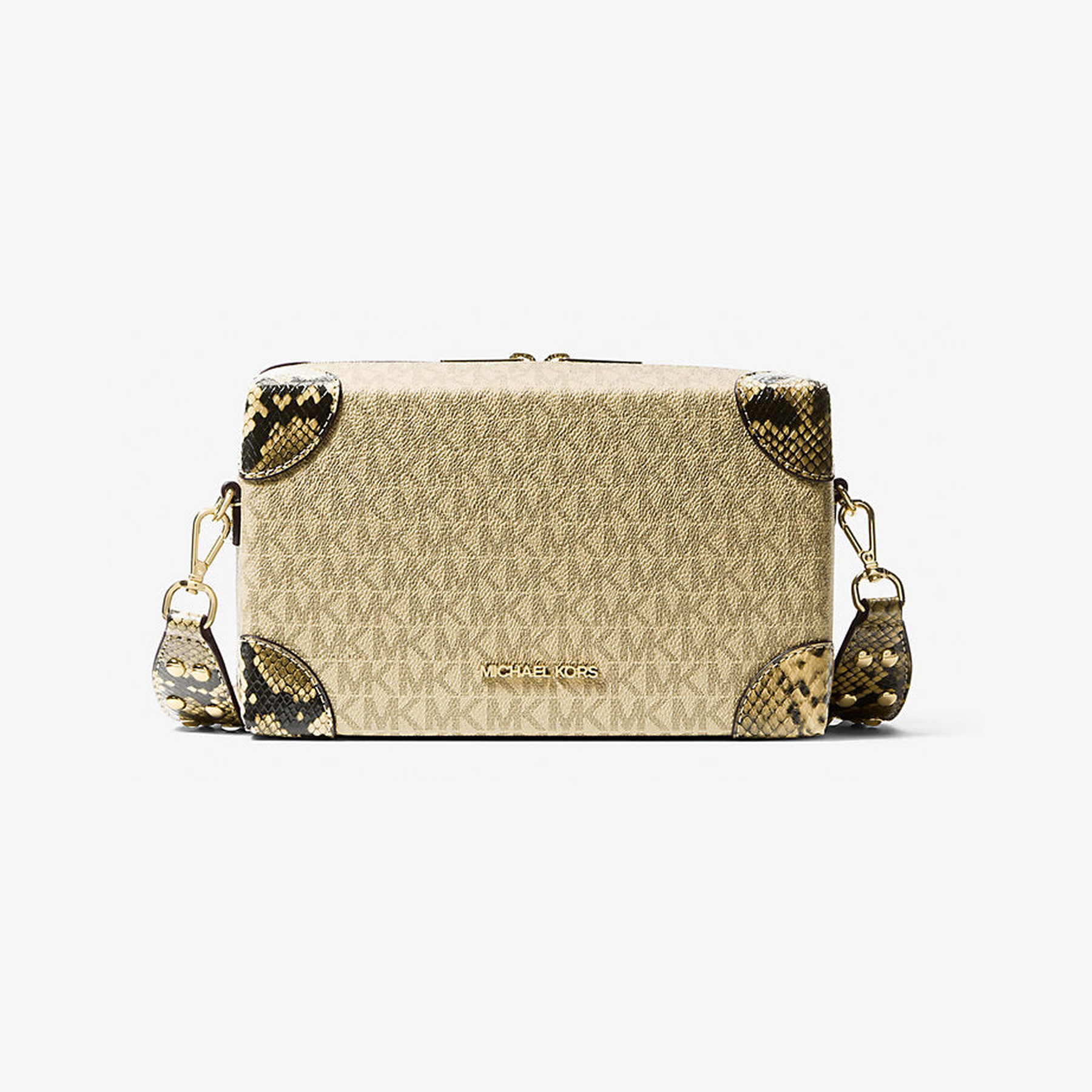 Jeanie Small Metallic Signature Logo and Snake Embossed Trunk Crossbody Bag