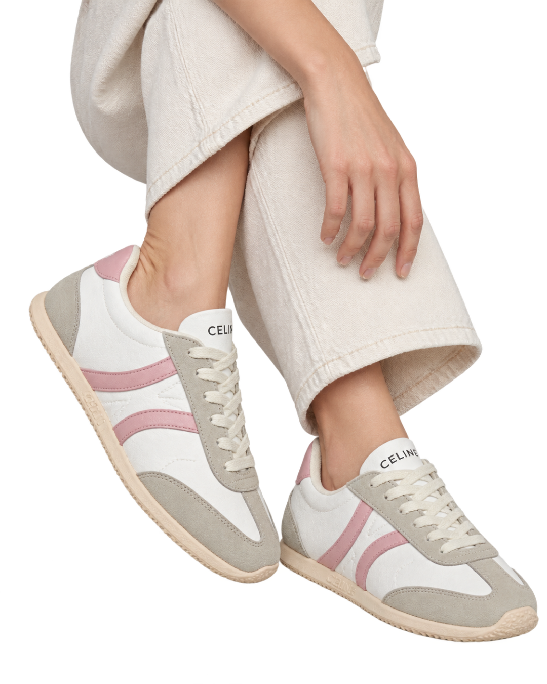 Jogger low lace-up sneakers in calfskin suede - white