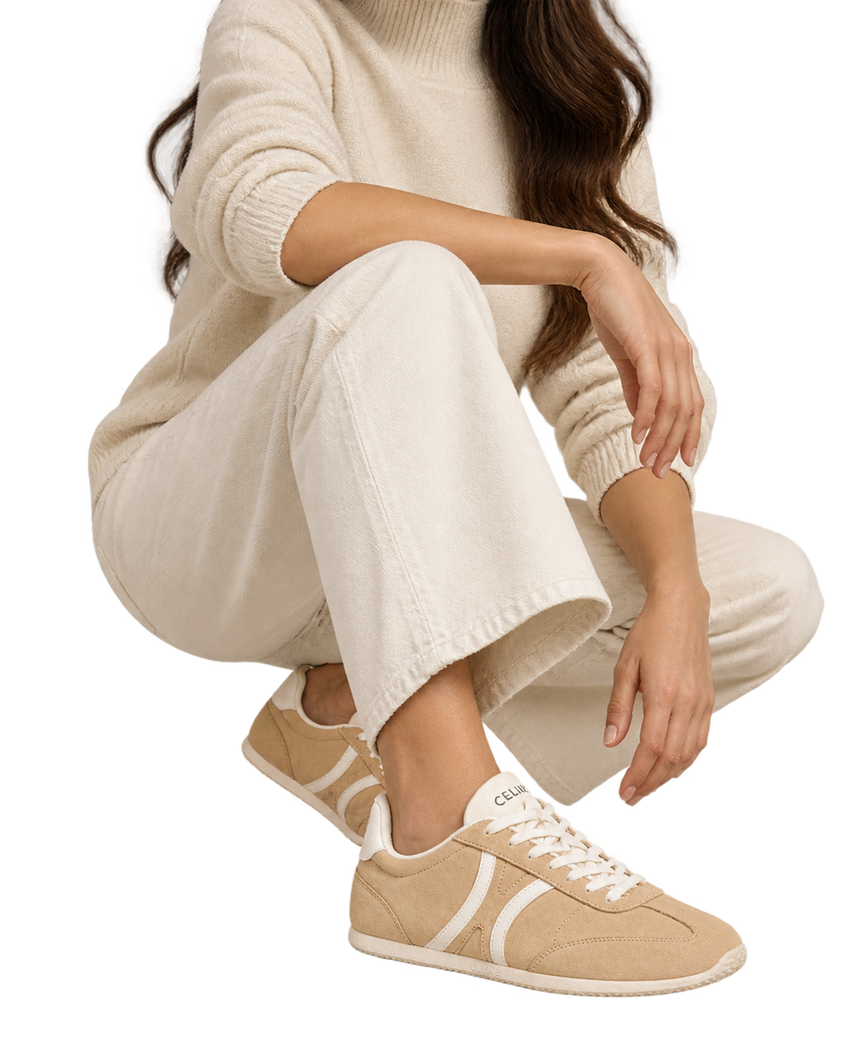 Jogger low lace-up sneakers in suede calfskin and calfskin - cappuccino/white coffee