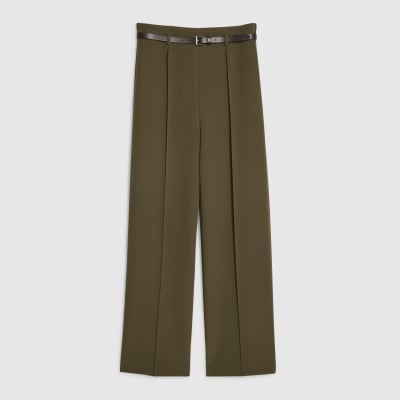Khaki Belted Straight Leg Trousers