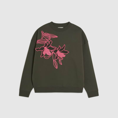 Khaki Contrast Embroidered Floral Sweatshirt