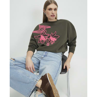 Khaki Contrast Embroidered Floral Sweatshirt