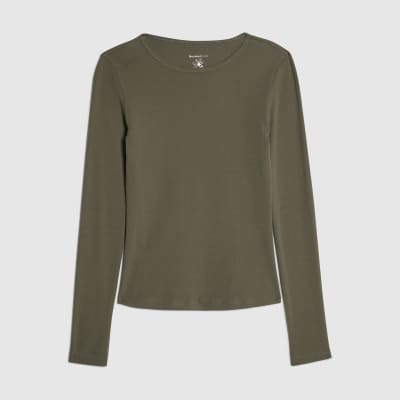 Khaki Cotton Long Sleeve Fitted Top