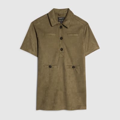 Khaki Faux Suede Short Sleeve Shirt Dress